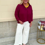 Garnet 3/4 sleeve collared blouse with cuffed sleeves, perfect for game day