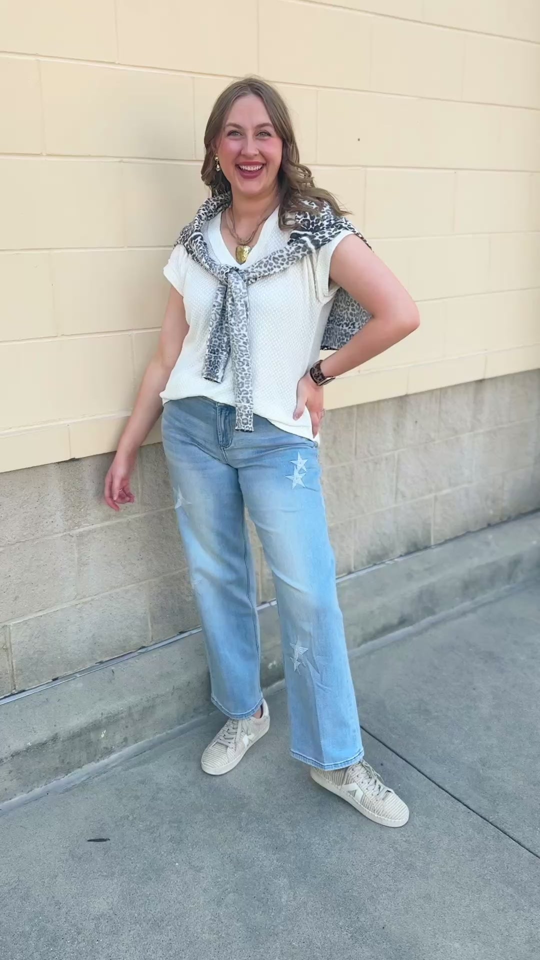 Ivory white knit woven V-neck sweater top