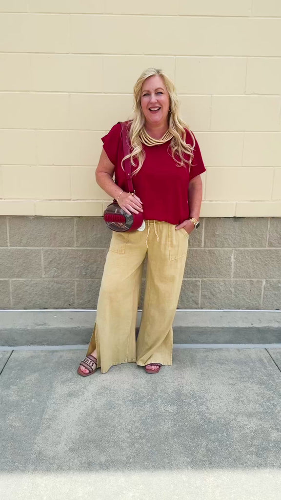Garnet short sleeve top with V-neckline, cap sleeves, and back seam detail