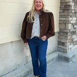 Hazelnut brown jacket with five front buttons, shoulder button accents, and a versatile high neckline