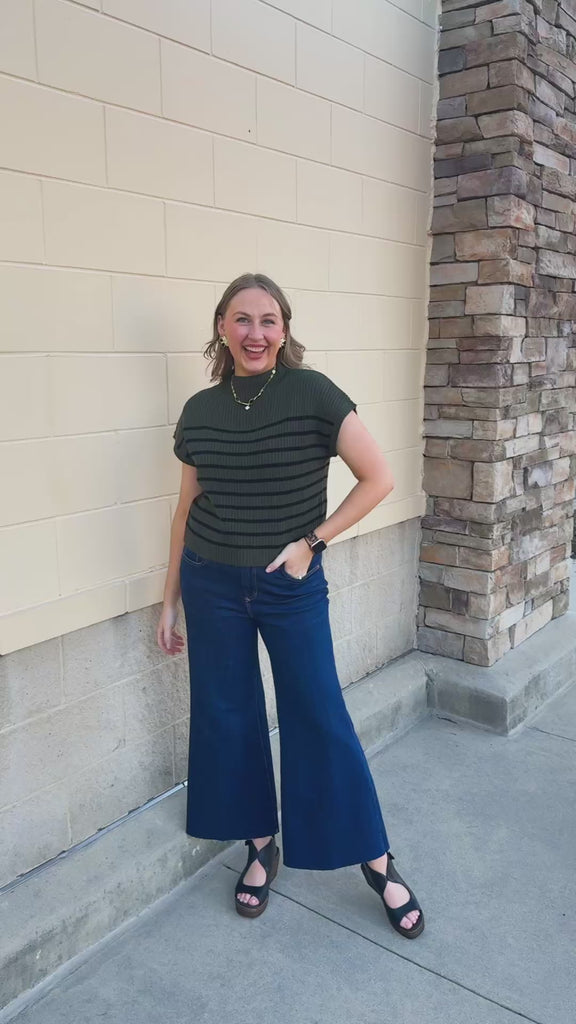  Forest Stripe Sweater Top in forest green with short sleeves, a high neckline, and spaced black horizontal stripes.