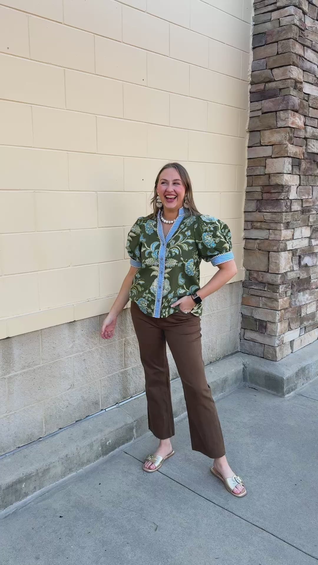 Entro Wildflower Lane Blouse with green background, blue floral print, and light blue striped and brown gingham trim along the collar and button placket