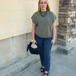 Timeless Olive Top in olive green with short sleeves and tonal criss-cross texture