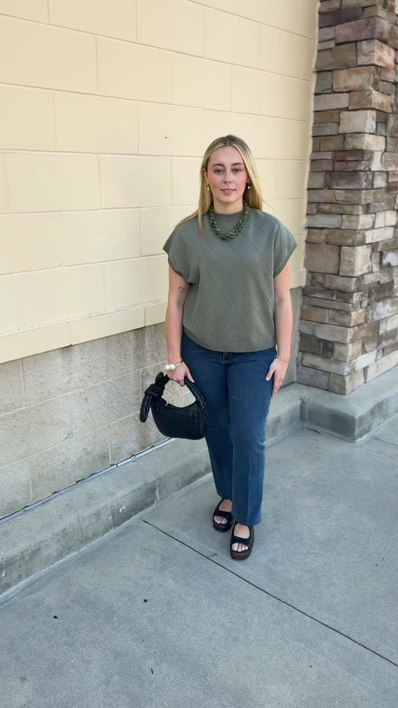 Timeless Olive Top in olive green with short sleeves and tonal criss-cross texture
