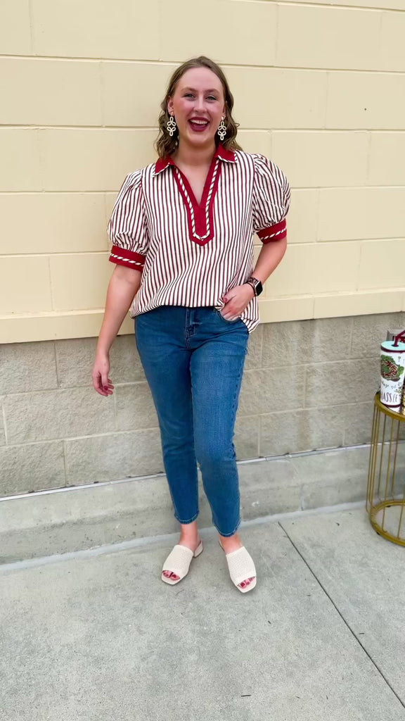 Rust and cream striped pullover top with puff sleeves, contrast rust cuffs and split collar—lightweight and perfect for early fall