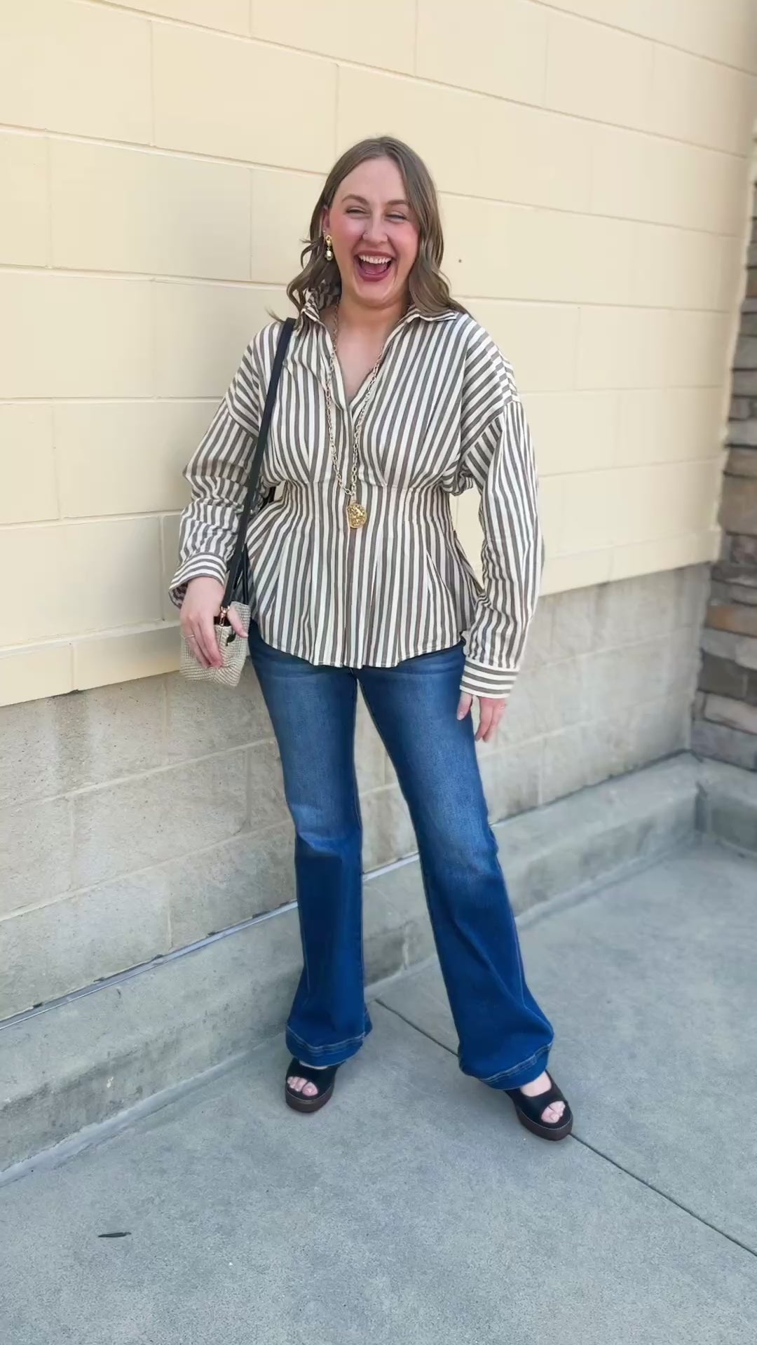 Taupe brown and cream striped long sleeve blouse with collared neckline and cinched waist