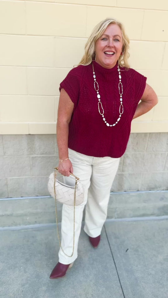 Garnet sleeveless mock neck knit sweater vest mid-length