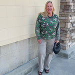 Field Day Camo Sweatshirt with a faded green and brown camouflage pattern