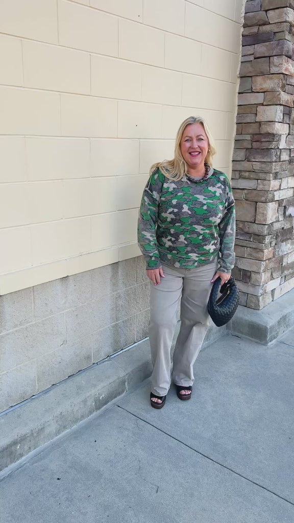 Field Day Camo Sweatshirt with a faded green and brown camouflage pattern