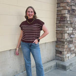 Espresso brown short-sleeve knit top with white horizontal stripes