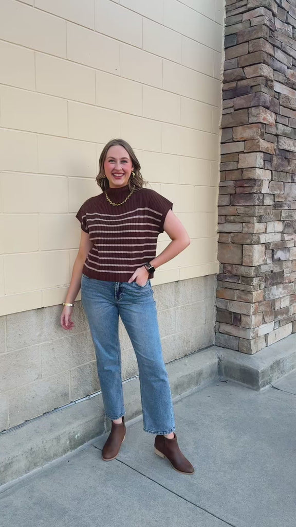 Espresso brown short-sleeve knit top with white horizontal stripes