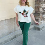 Mallard in Flight Knit Top in cream with short sleeves and a flying mallard duck design