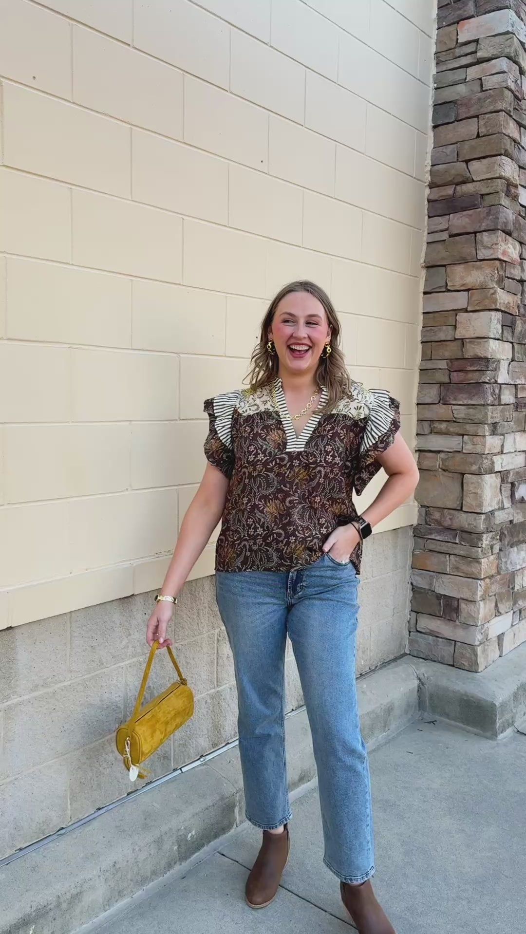  [THML] Autumn Etchings Blouse with cream and brown stripes, floral swirl print, and flutter ruffle sleeves