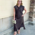 Brown THML maxi dress with white polka dots and cowl neckline