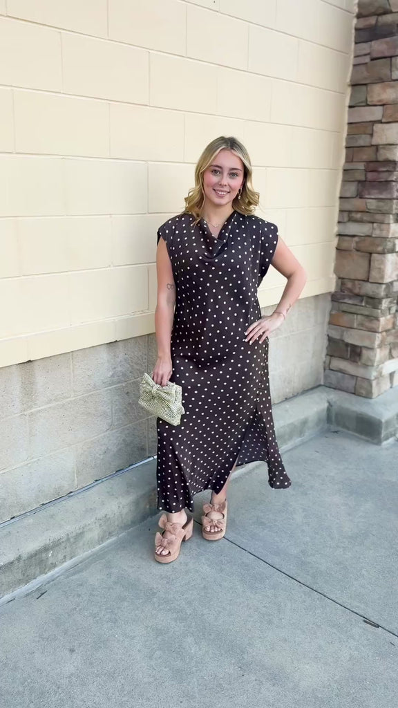 Brown THML maxi dress with white polka dots and cowl neckline