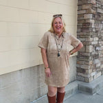  Z Supply Leone Suede Mini Dress in Light Sand with collared neckline and chest pockets