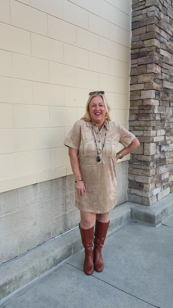  Z Supply Leone Suede Mini Dress in Light Sand with collared neckline and chest pockets