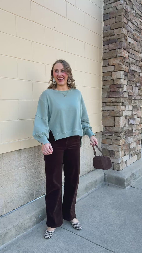 [Dear John] Trenton Casual Top in seafoam blue-green with long sleeves and small side slits at the hem