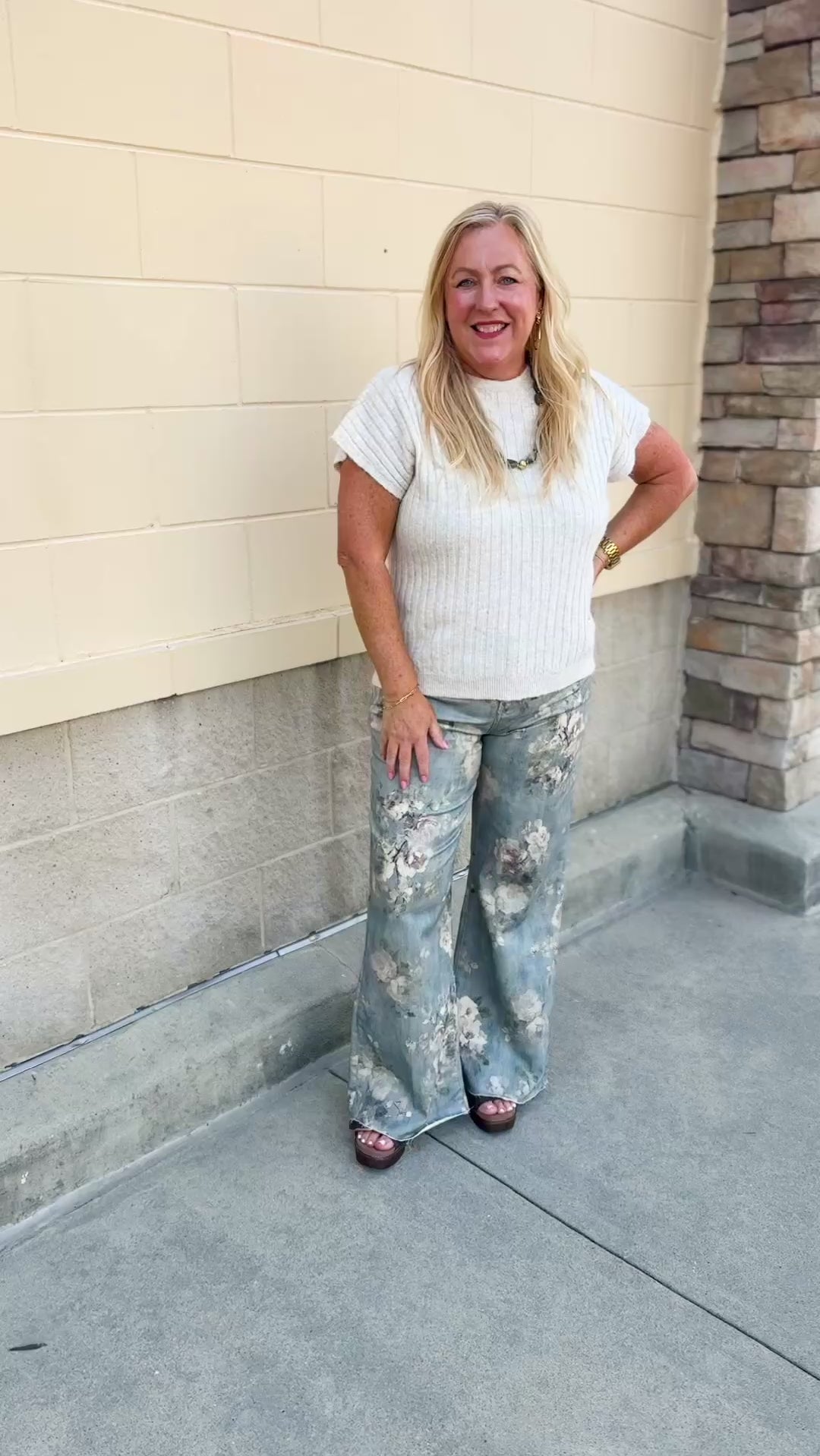 Micah wide leg denim pants with white faded rose print