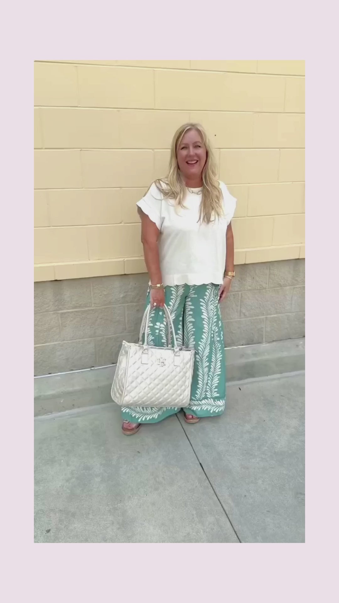 United and Chic Scalloped Hemmed Linen Top in Oatmeal Serene Moments Wide Leg Pants
