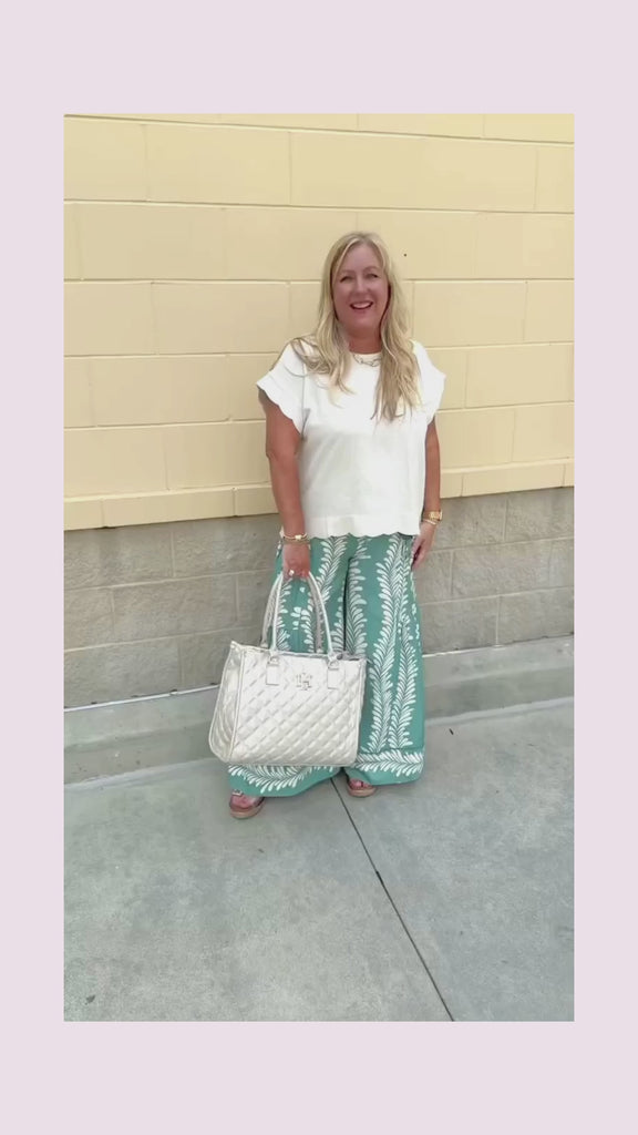 United and Chic Scalloped Hemmed Linen Top in Oatmeal Serene Moments Wide Leg Pants