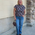 THML Cocoa Botanica Top in brown with blue and white circular floral print
