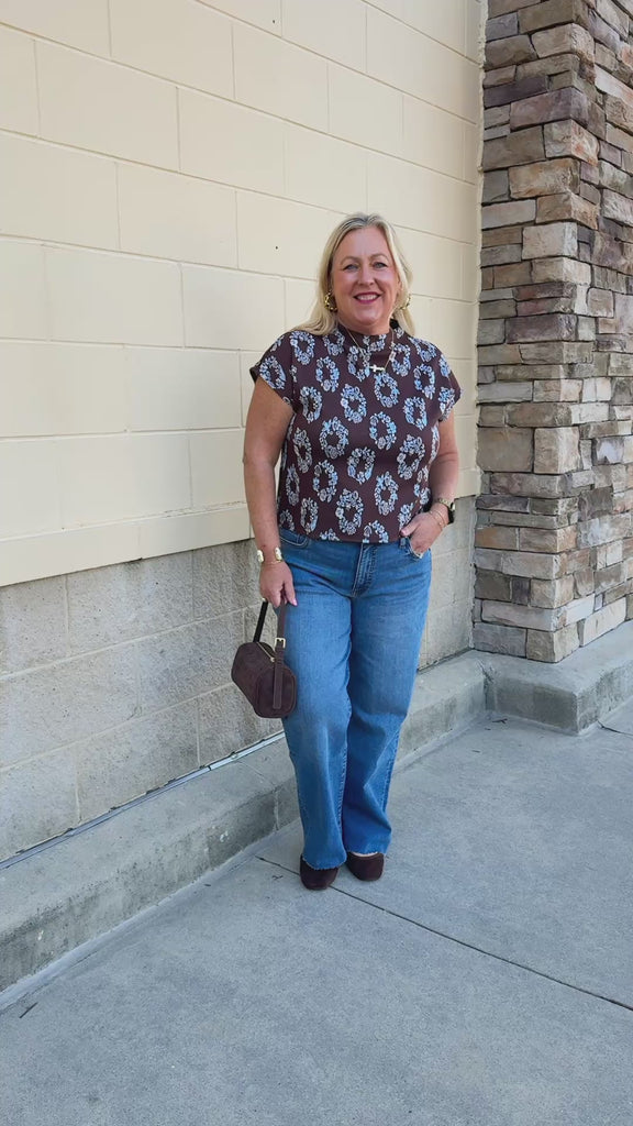 THML Cocoa Botanica Top in brown with blue and white circular floral print