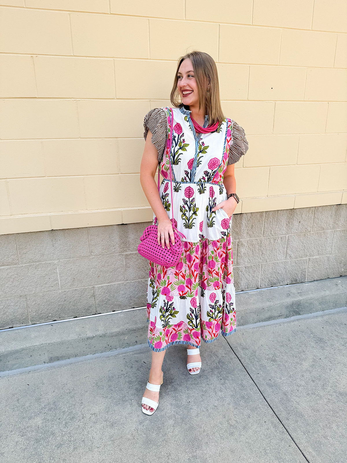 White cotton floral tiered maxi dress with flutter sleeves and ruffle collar