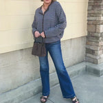 Crisp Morning light blue and brown striped button-front sweater