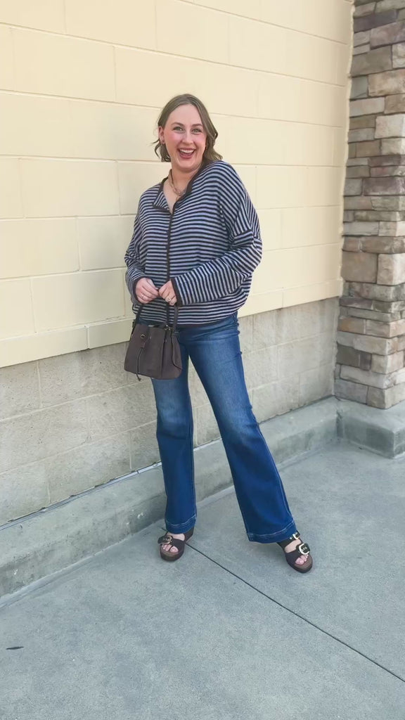 Crisp Morning light blue and brown striped button-front sweater