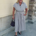 Autumn Lane brown and white striped collared dress with waist tie