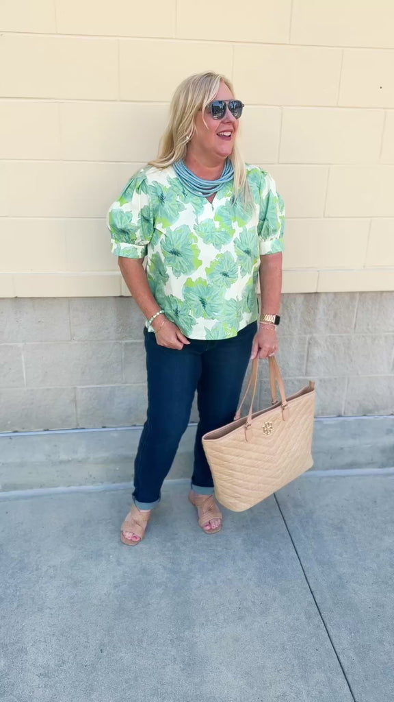 Neutral floral puff sleeve top with v-neck and blue and green print