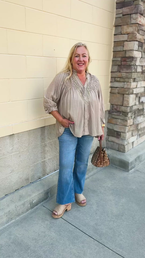 Café Season light brown long sleeve button-down blouse with ruffle collar and cuffs