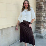 Brown cheetah print suede midi skirt