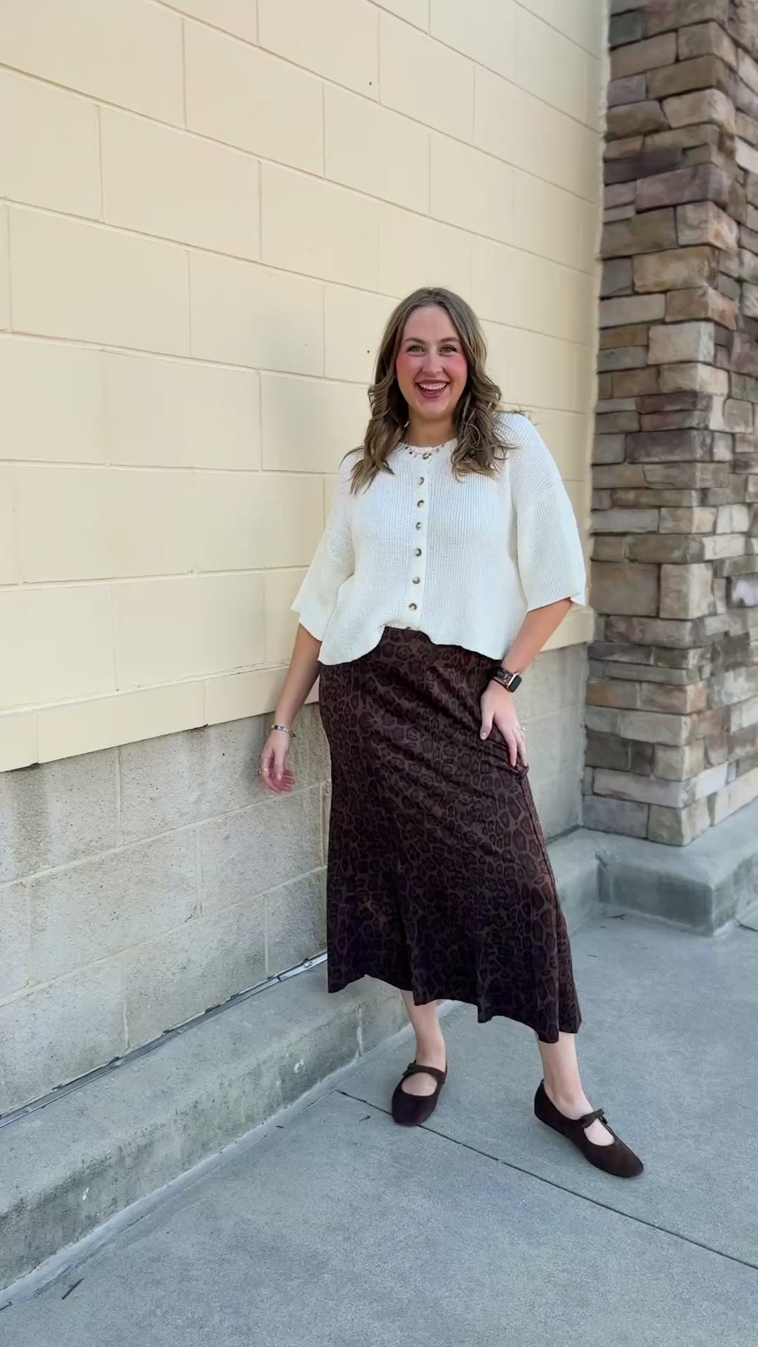 Brown cheetah print suede midi skirt
