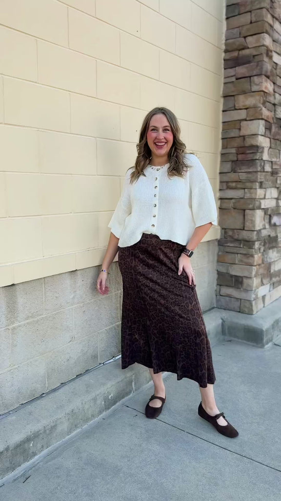 Brown cheetah print suede midi skirt
