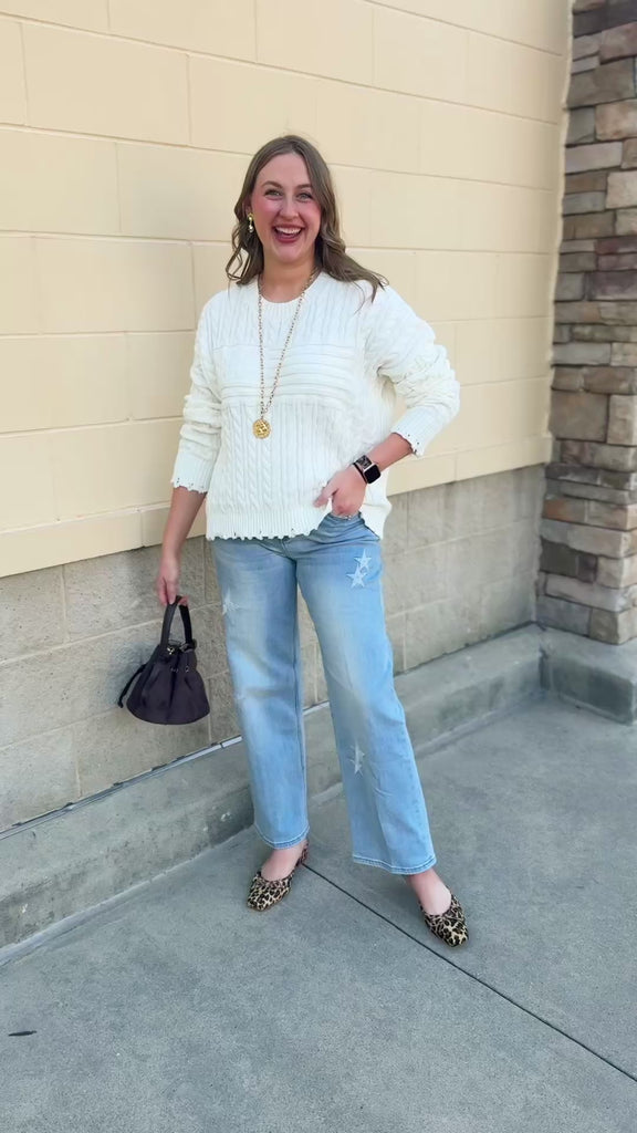 [Dear John] Heritage Stars Sweater white knit sweater with USA-inspired stars and stripes pattern