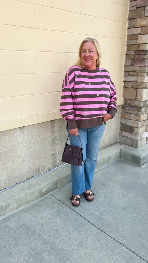 Tini Time Striped Relaxed Sweatshirt- The Pink Pineapple 850