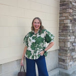 [Entro] Forest Floral Blouse featuring a cream background and dark green floral pattern.