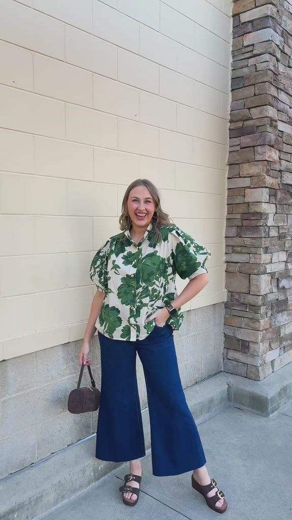  [Entro] Forest Floral Blouse featuring a cream background and dark green floral pattern.