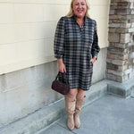 Plaid mini dress in blue, white, and brown with long sleeves and a button-front neckline