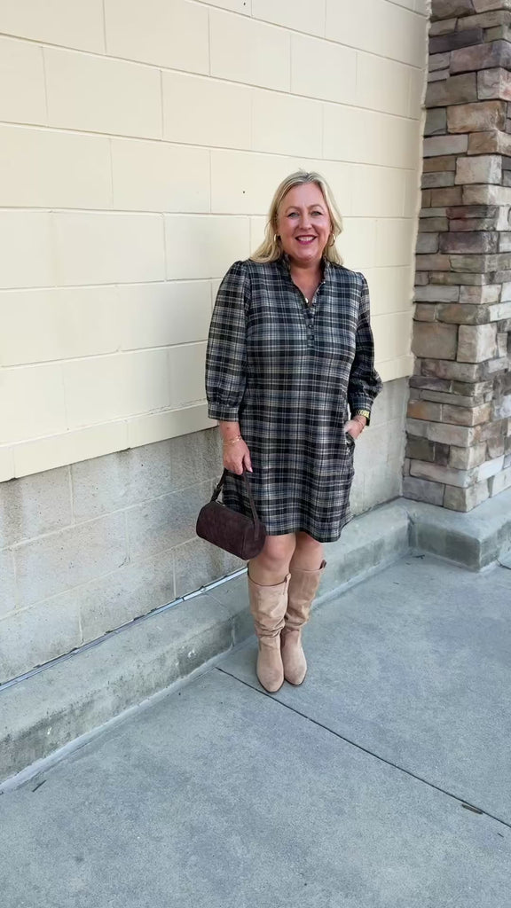 Plaid mini dress in blue, white, and brown with long sleeves and a button-front neckline
