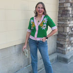 [THML] Wild About You Leopard Cardigan in green and pink with animal jacquard motifs and gold-tone buttons