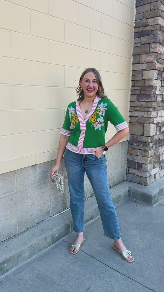 [THML] Wild About You Leopard Cardigan in green and pink with animal jacquard motifs and gold-tone buttons