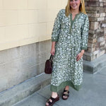 Mary Square Cameron Dress in Painted Trillium Olive with puff sleeves and a midi-length silhouette