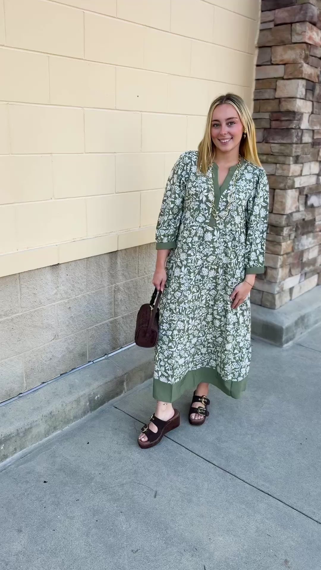 Mary Square Cameron Dress in Painted Trillium Olive with puff sleeves and a midi-length silhouette