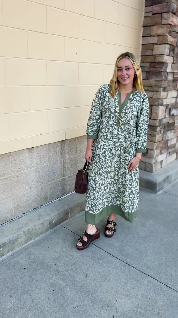 Mary Square Cameron Dress in Painted Trillium Olive with puff sleeves and a midi-length silhouette
