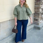 Evergreen Lane Blouse featuring green and white vacollar, long sleeves, and a butto