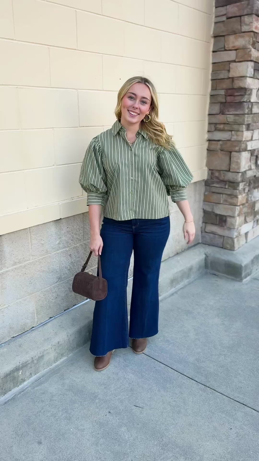 Evergreen Lane Blouse featuring green and white vacollar, long sleeves, and a butto