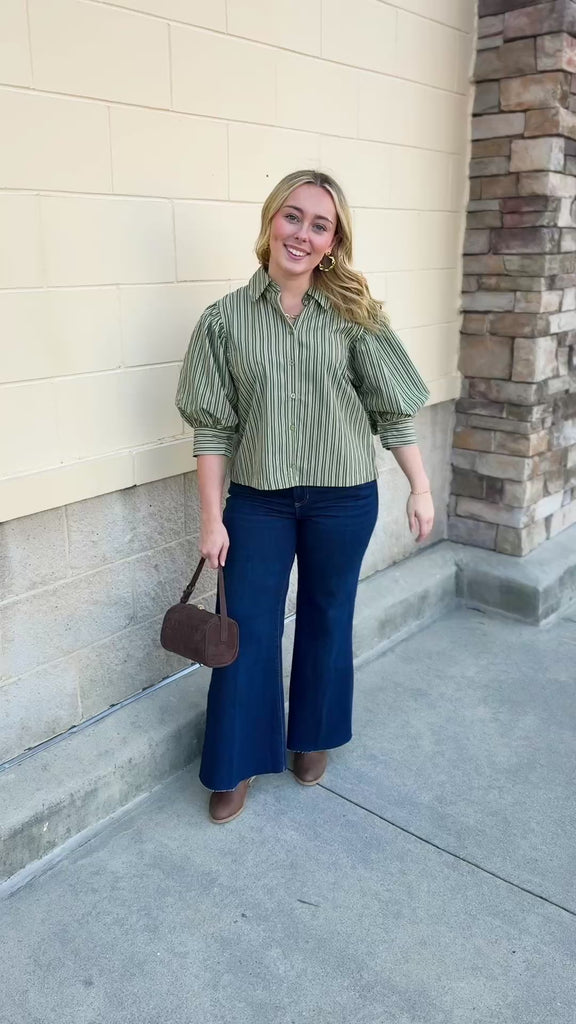 Evergreen Lane Blouse featuring green and white vacollar, long sleeves, and a butto
